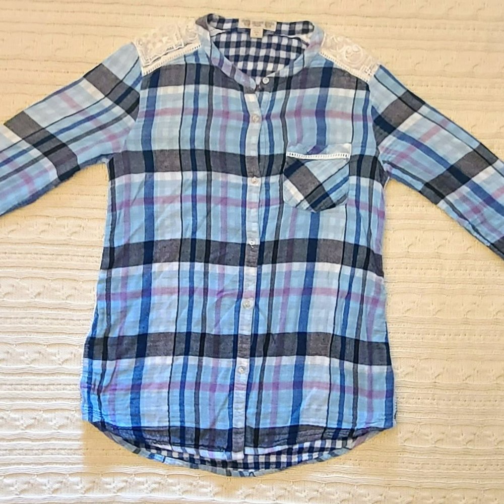 Vintage America Blues Lightweight Flannel Button-Up Shirt Blue Plaid Lace